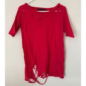 Urban Outfitters Evil Genius Red Oversized Indie Thrashed Holes T-Shirt - Small